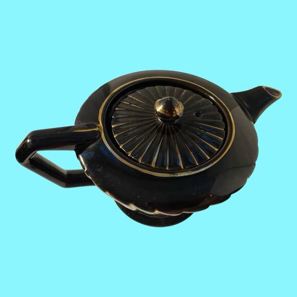 Vintage Sadler Teapot Black W/Gold Stripes MCM England Retro Art Deco Small Ding - Picture 4 of 9